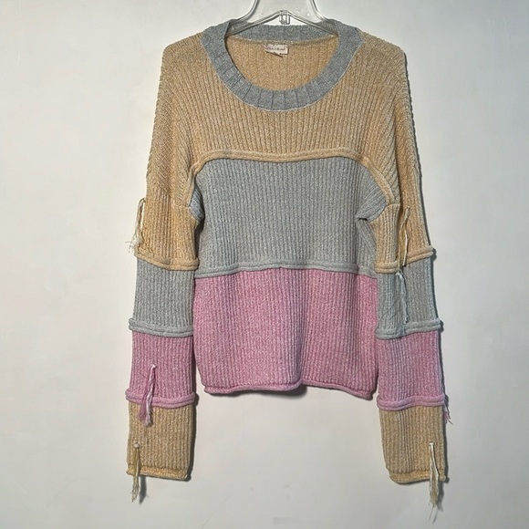 HEM & THREAD Color Block SLV Tassel Drop Shoulder Boho/Beach Pastel Sweater SZ L - Picture 3 of 16